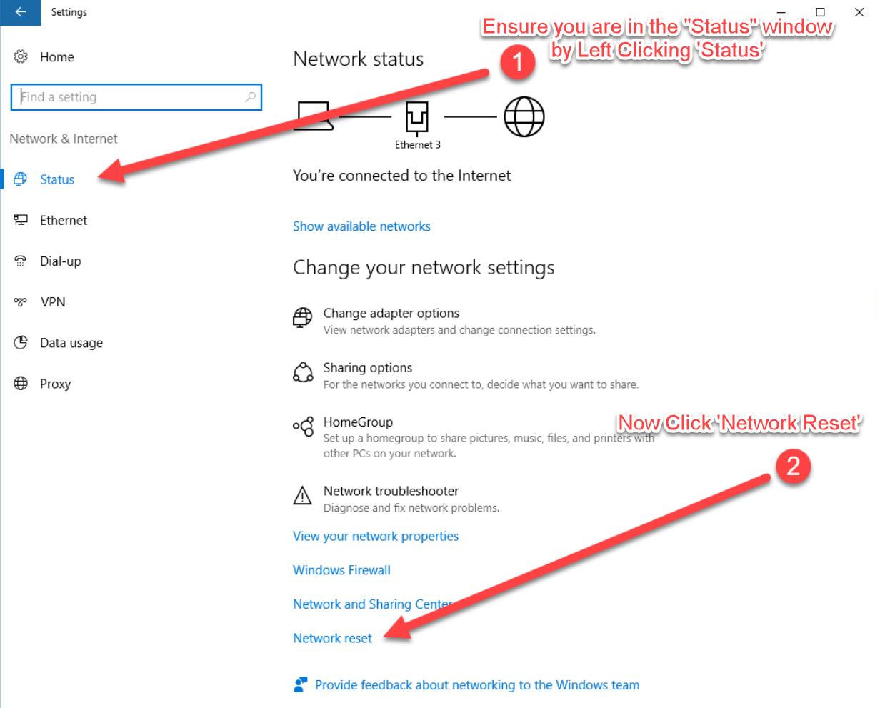 Open the Reset Netork dialog